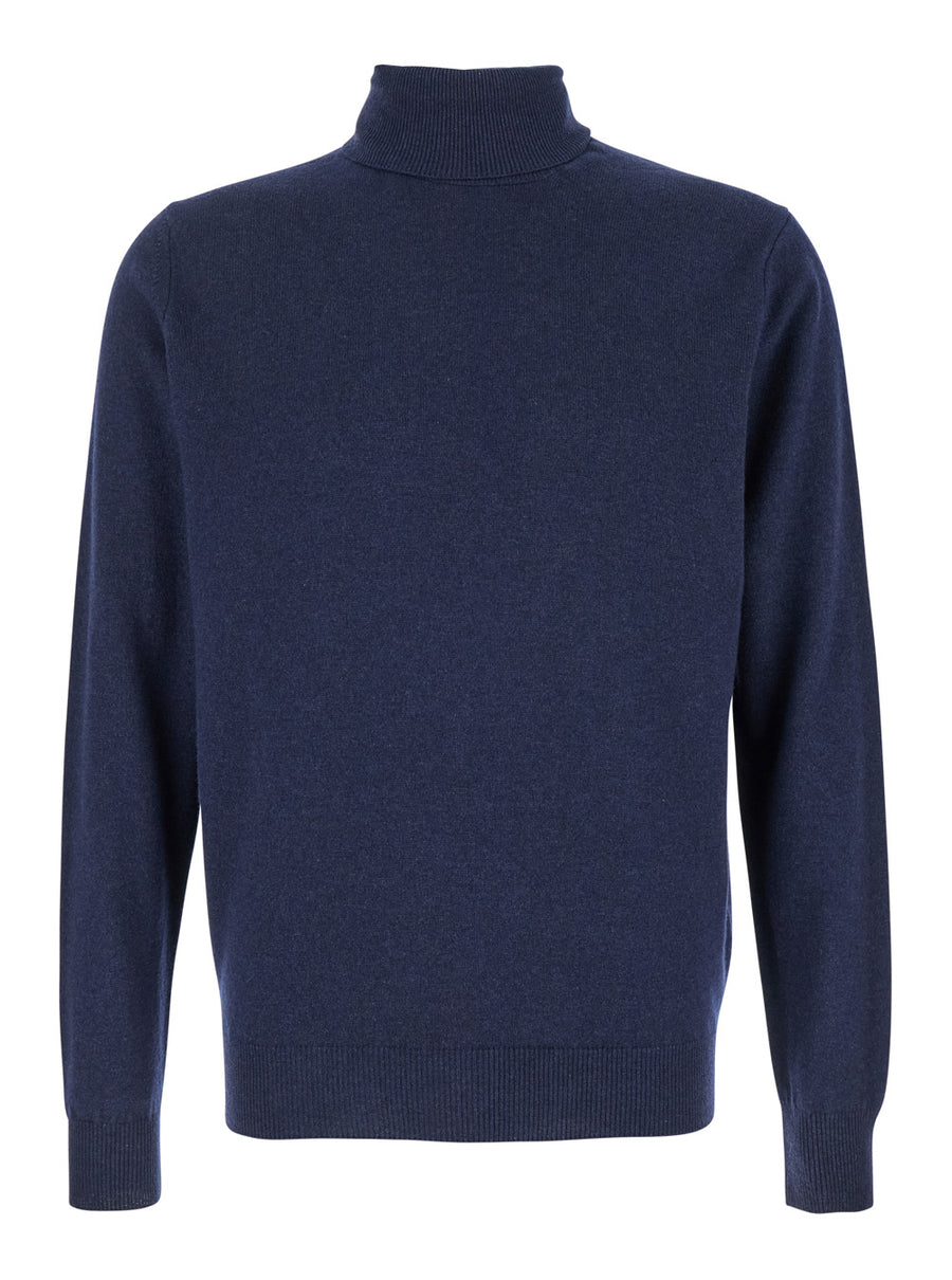 Blue Turtleneck Sweater Merino Wool Blend Tops