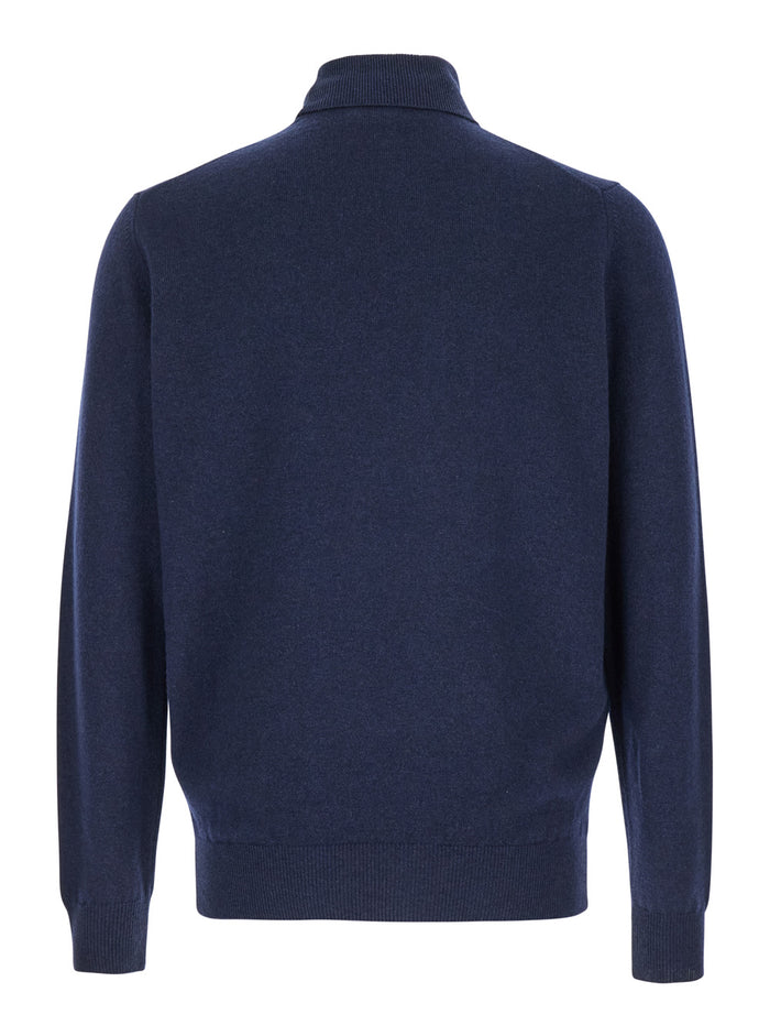 Blue Turtleneck Sweater in Merino Wool and Silk Blend Man Blu Merinos Cashmere Jersey