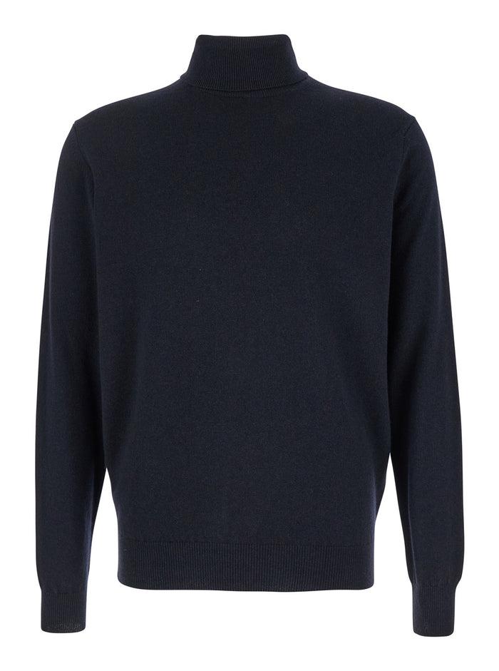 Dark Blue Turtleneck Sweater in Merino Wool and Silk Blend Man Blu Merinos Cashmere Jersey