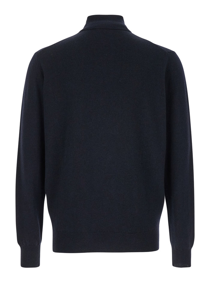 Dark Blue Turtleneck Sweater in Merino Wool and Silk Blend Man Blu Merinos Cashmere Jersey
