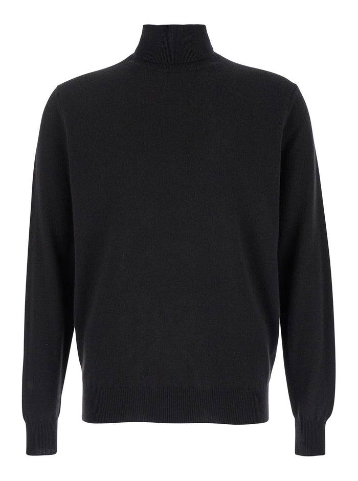 Black Turtleneck Sweater in Merino Wool and Silk Blend Man Merinos Cashmere Jersey