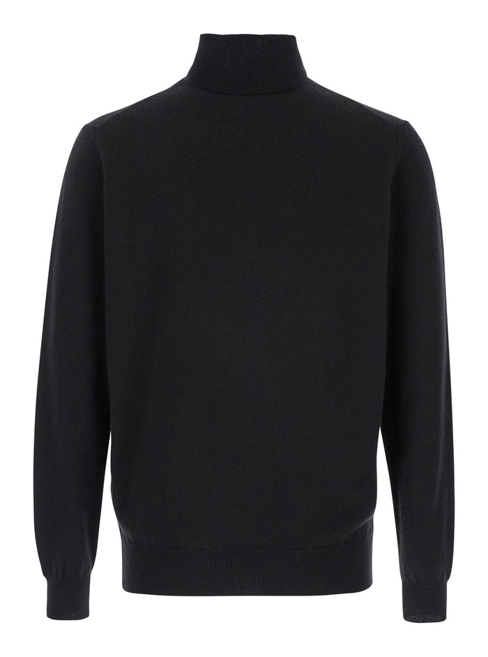 Black Turtleneck Sweater in Merino Wool and Silk Blend Man Merinos Cashmere Jersey