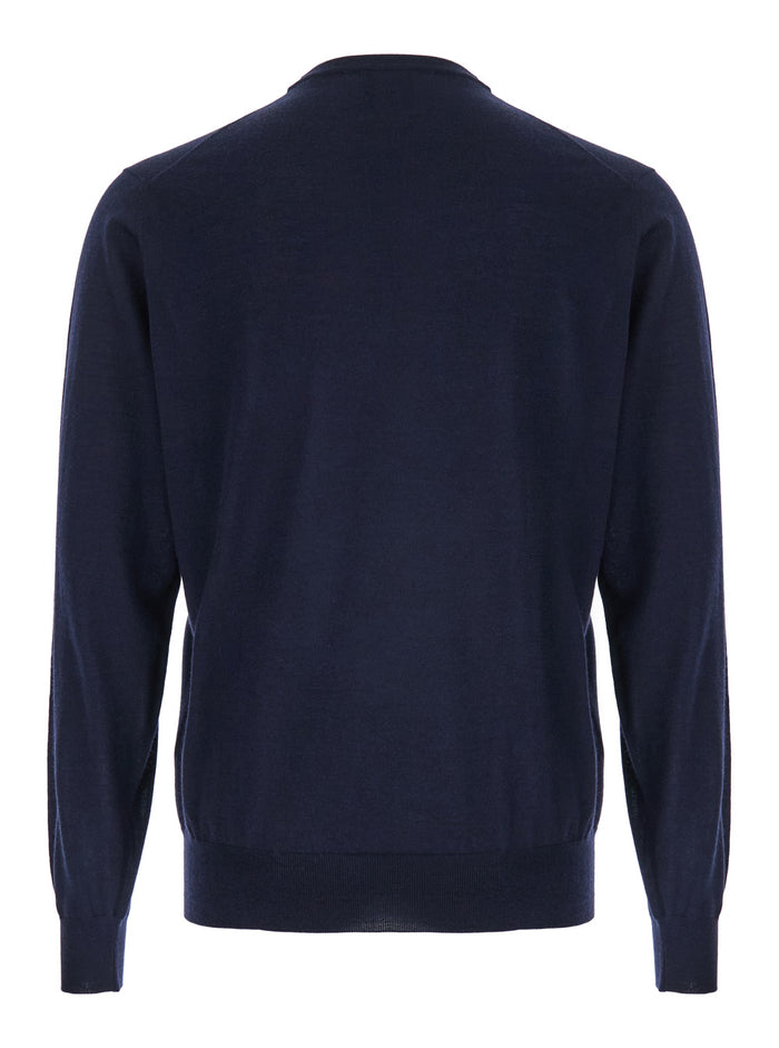 Blue Crewneck Sweater in Wool and Cashmere Man Blu Merinos Silk Jersey