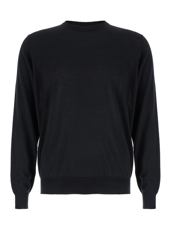 Black Crewneck Sweater in Wool and Cashmere Man Merinos Silk Jersey