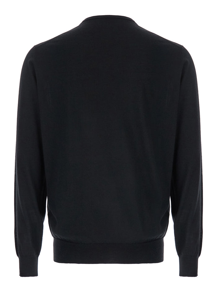 Black Crewneck Sweater in Wool and Cashmere Man Merinos Silk Jersey