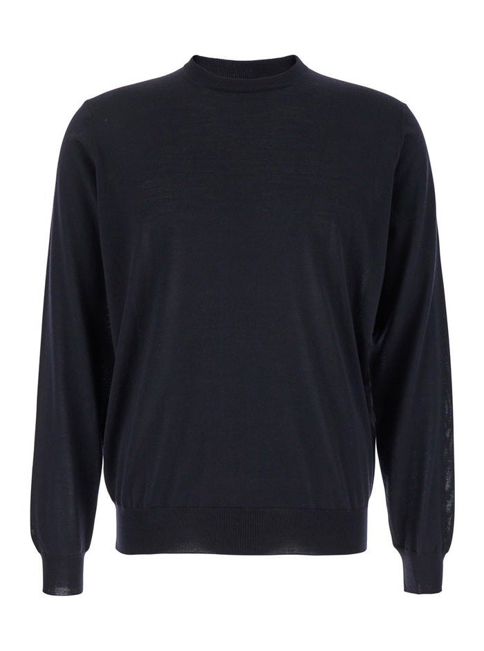 Blue Crewneck Sweater with Ribbed Trims in Wool Man Blu Virgin Jersey
