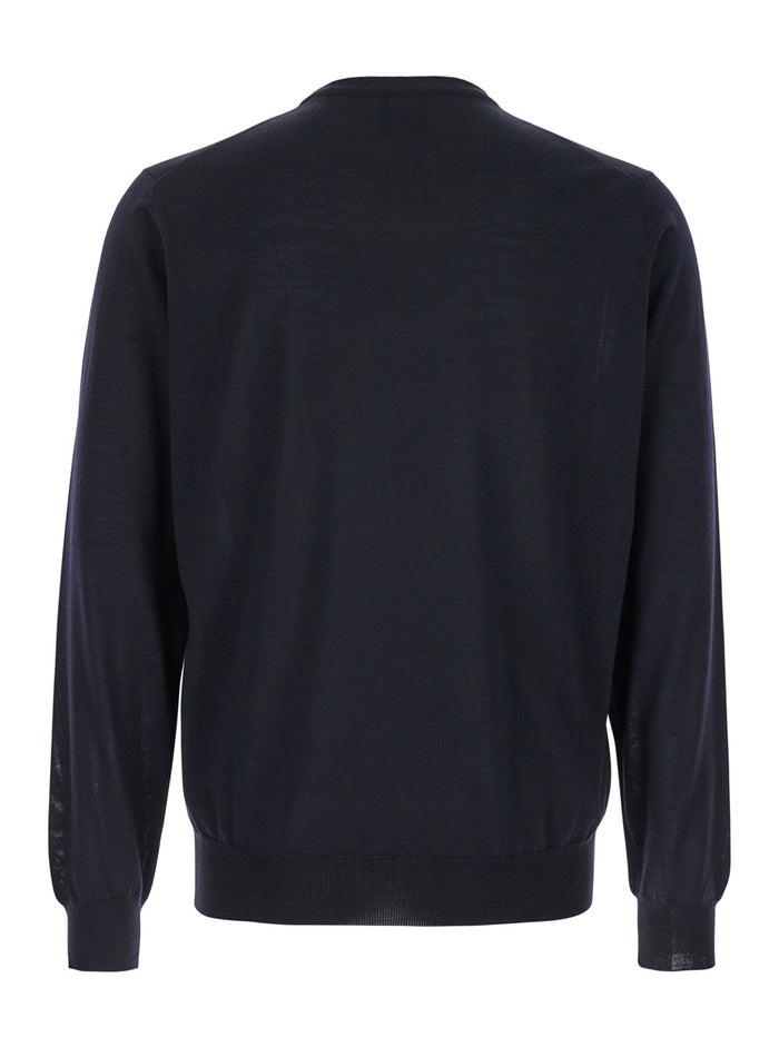Blue Crewneck Sweater with Ribbed Trims in Wool Man Blu Virgin Jersey