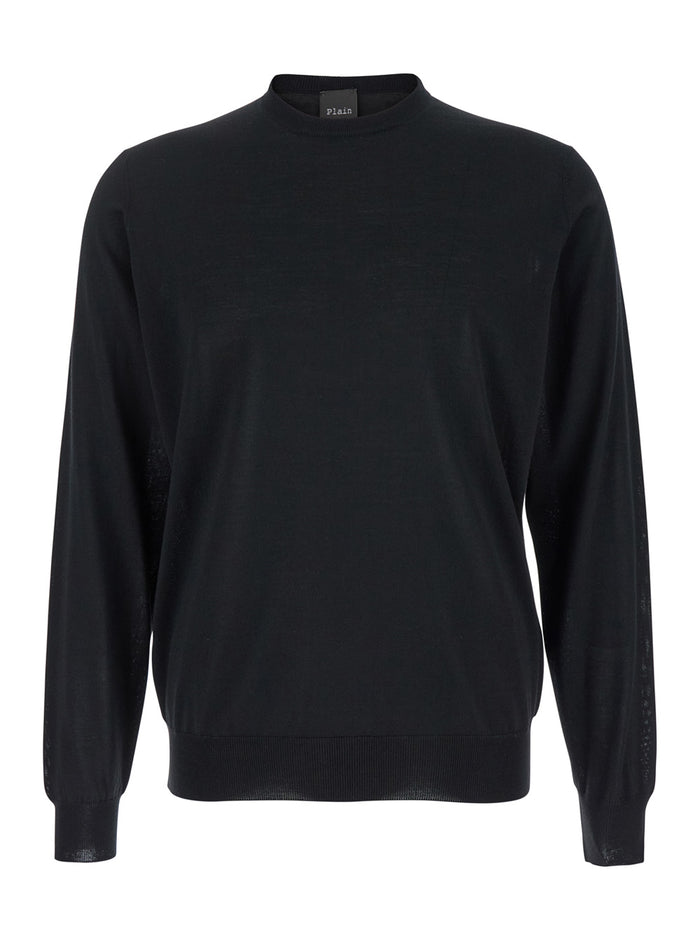 Black Crewneck Sweater with Ribbed Trims in Wool Man Virgin Jersey