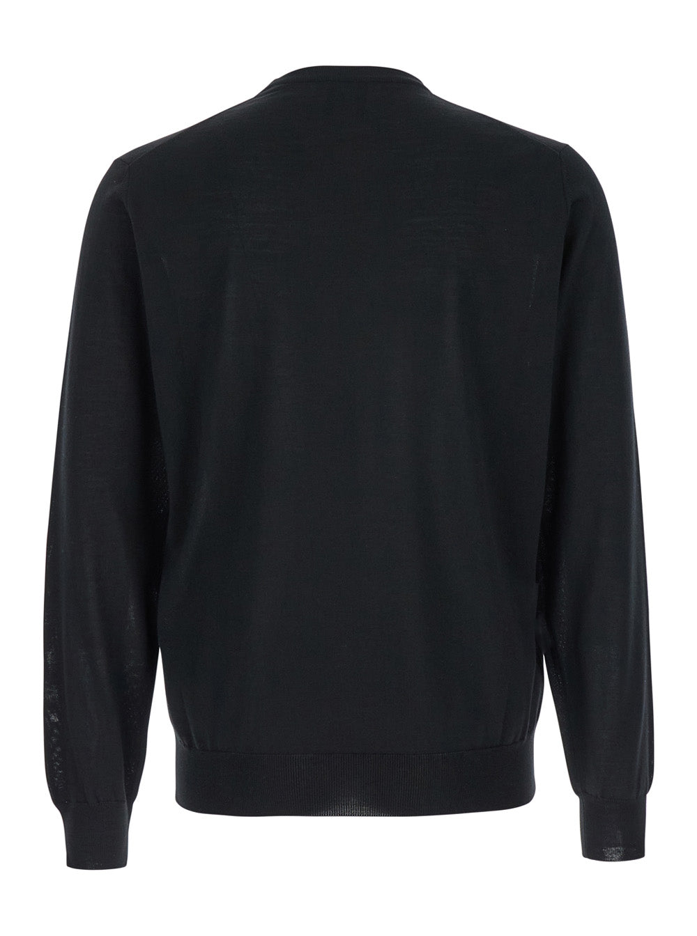 Black Crewneck Sweater with Ribbed Trims in Wool Man Virgin Jersey
