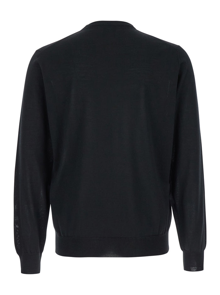 Black Crewneck Sweater with Ribbed Trims in Wool Man Virgin Jersey