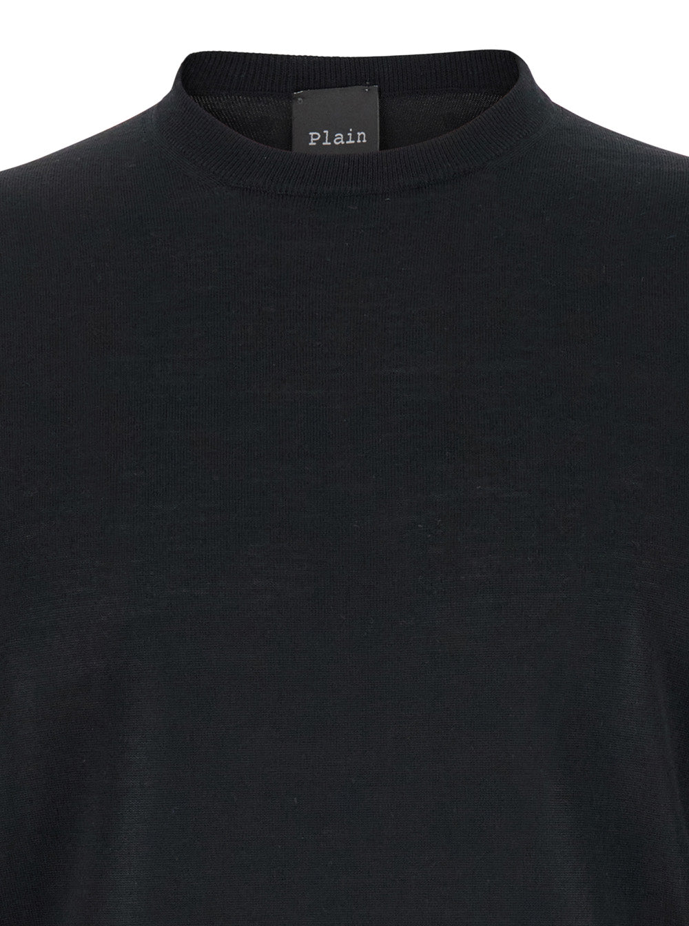 Black Crewneck Sweater with Ribbed Trims in Wool Man Virgin Jersey
