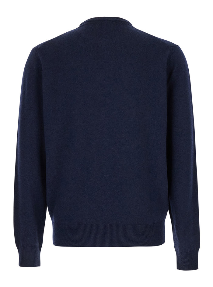 Blue Crewneck Sweater in Merino Wool and Silk Blend Man Blu Merinos Cashmere Jersey