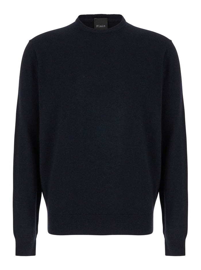 Dark Blue Crewneck Sweater in Merino Wool and Silk Blend Man Blu Merinos Cashmere Jersey