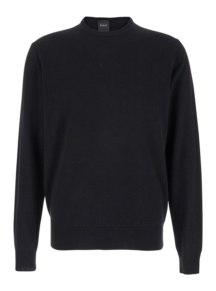 Black Crewneck Sweater in Merino Wool and Silk Blend Man Merinos Cashmere Jersey