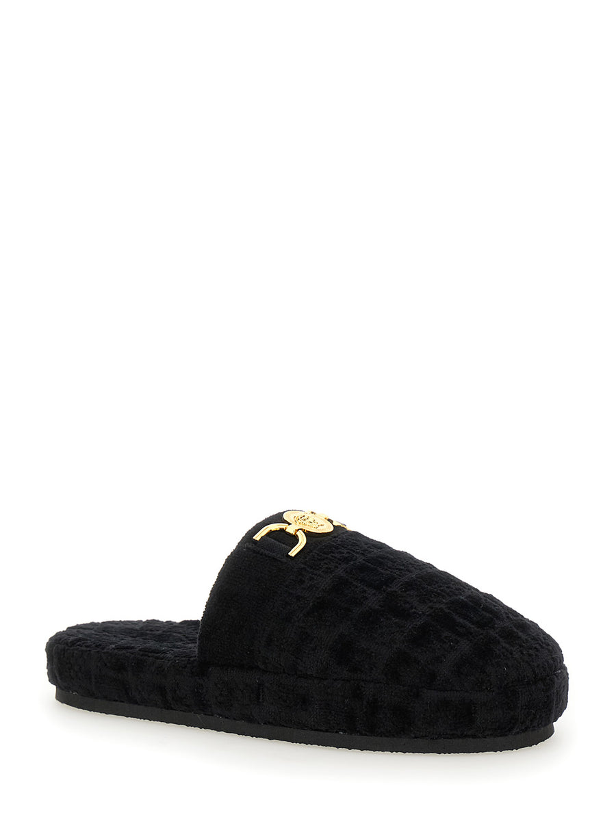 Slippers With Fabric Logo Plate, Black