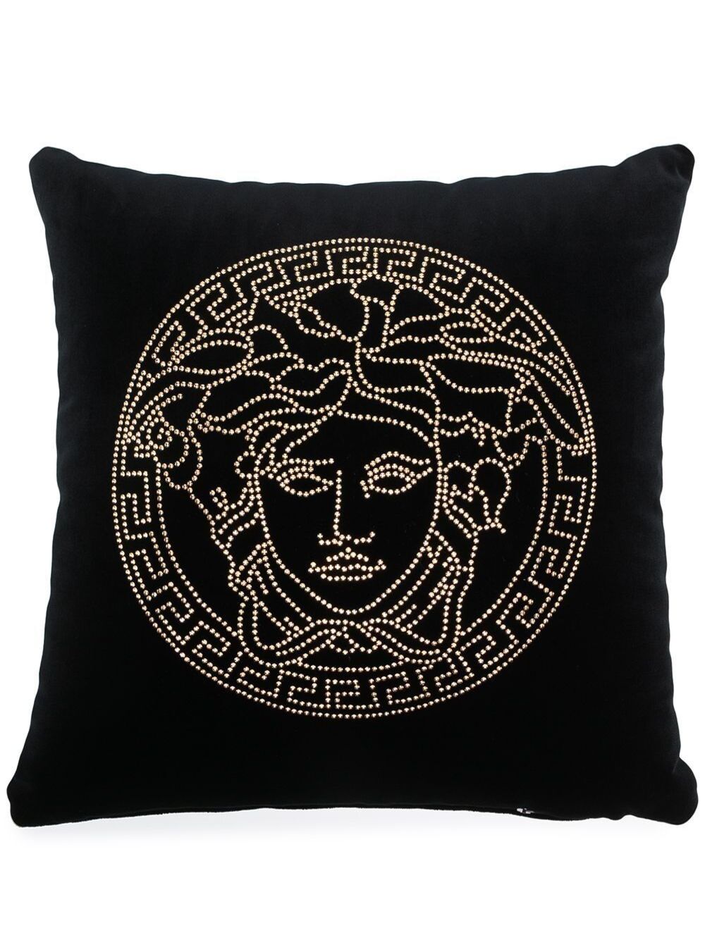 Black Velvet Pillow With Gold Rhinestone Decoration Representing The Versace Logo Cotton Cushions