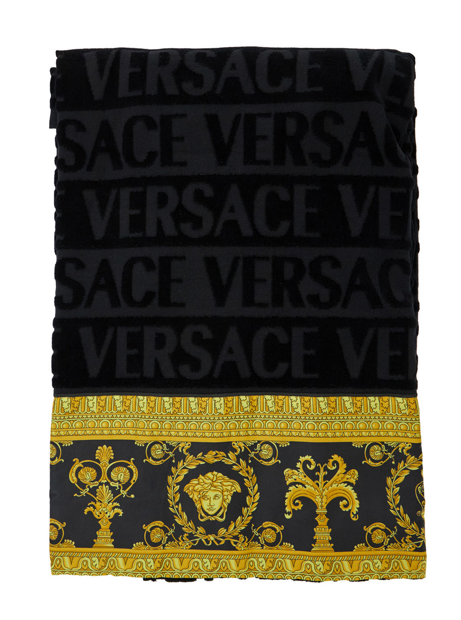 Towel Set Baroque Print Black Cotton Towels & Bath Robes