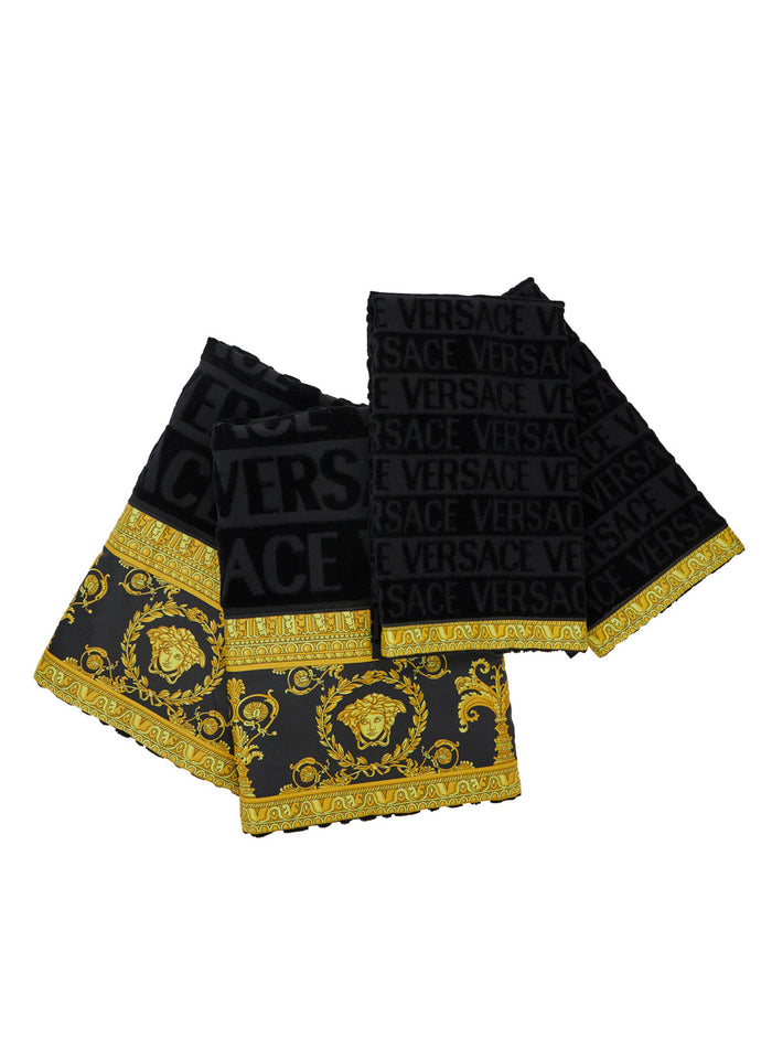 Black Towel Set With Barocco Print Cotton Home Towels