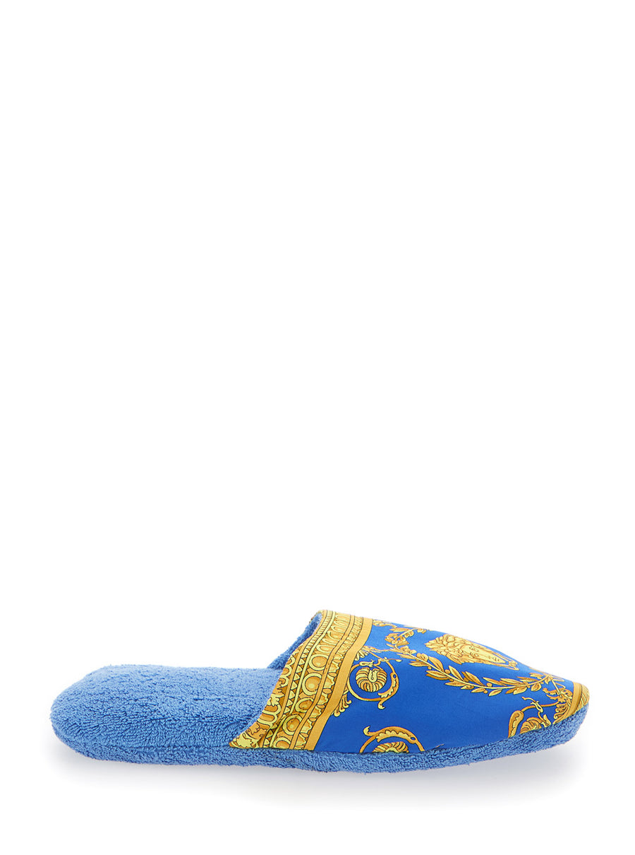 Slippers With Baroque Print, Blue Fabric