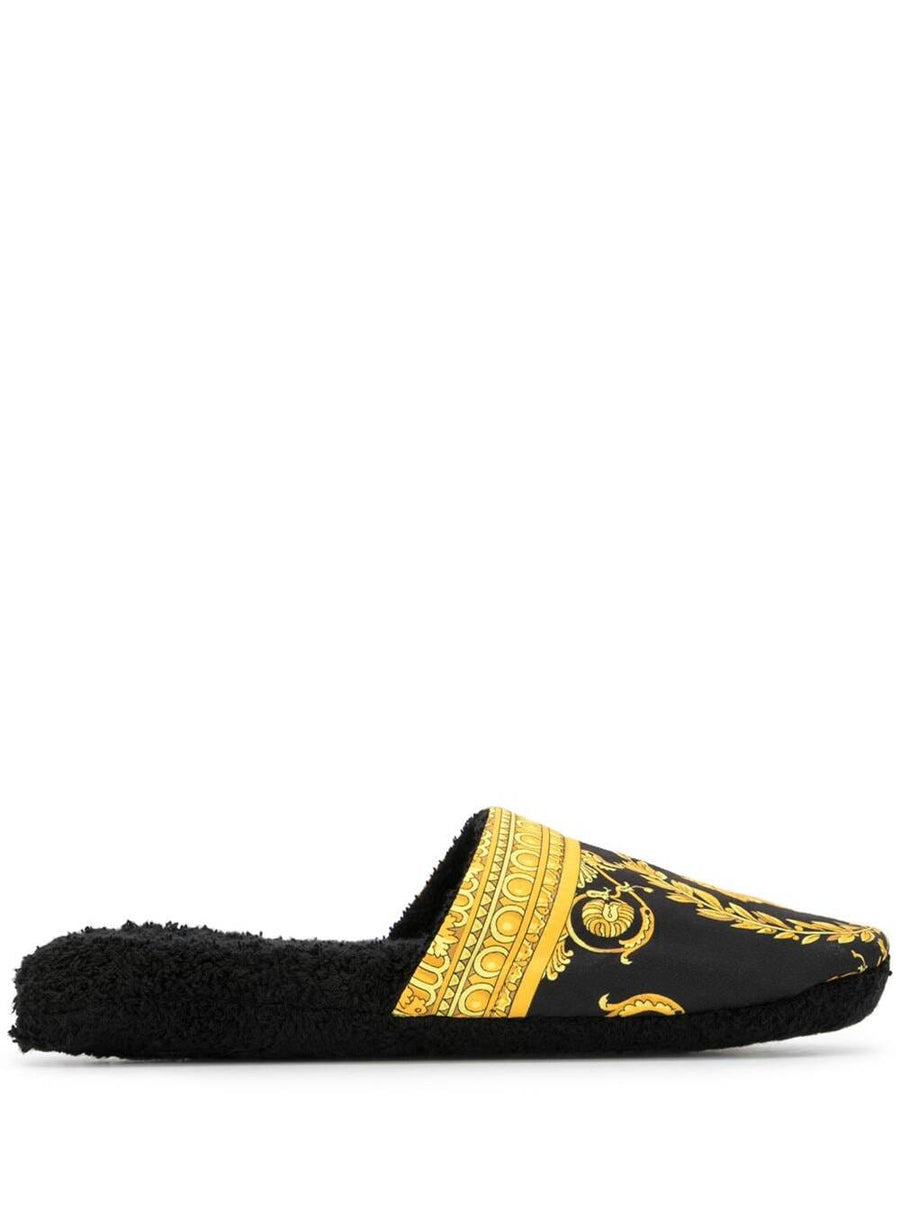 House Slippers Baroque Print Black Cotton