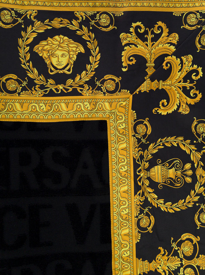 Black Towel With Baroque Print Lining Terry Cotton Home Towels