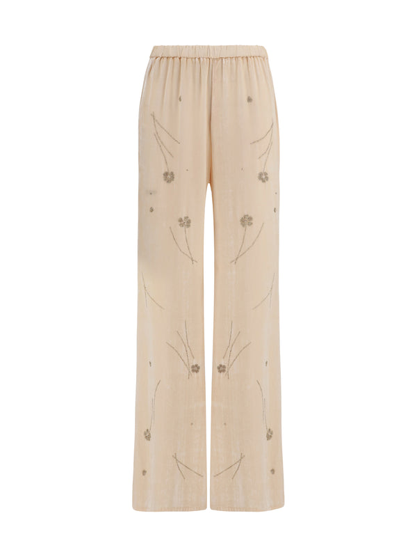 Fleurs Dorient Embroidered Crushed Velvet Trousers Loto Viscose; Polyamide; Silk