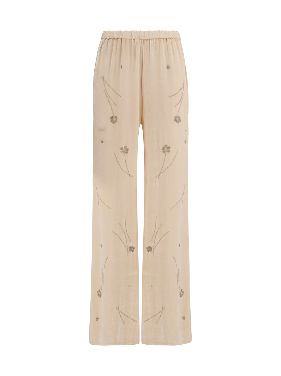 Fleurs Dorient Embroidered Crushed Velvet Trousers Loto Viscose; Polyamide; Silk