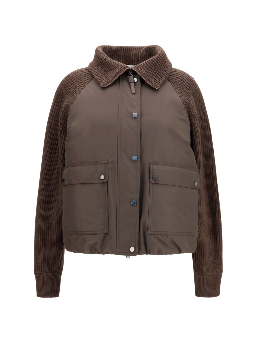 Brunello Cucinelli Outer: 100% Polyester; Inner: 100% Goose Down; Sleeves & Collar: Wool down jacket in brown