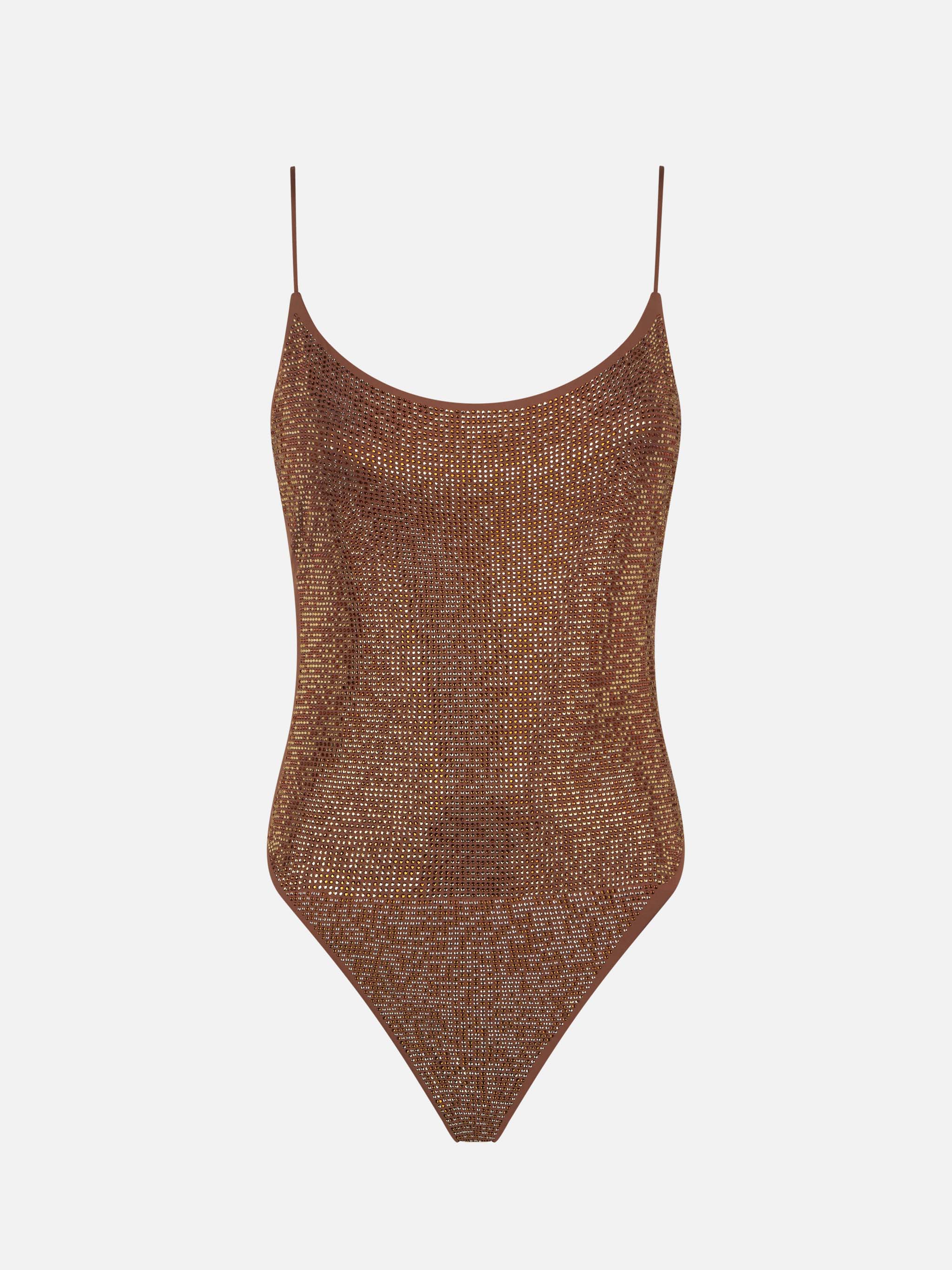 Cecille Brown Rhinestone One-Piece Swimsuit One Piece