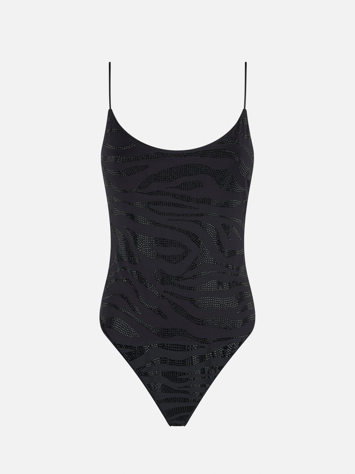 Cecille Zebra Rhinestone One-Piece Swimsuit Black One Piece