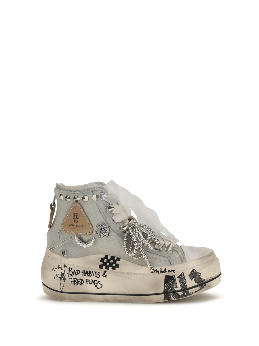 R13 Upper: 99% cotton high-top sneaker in white