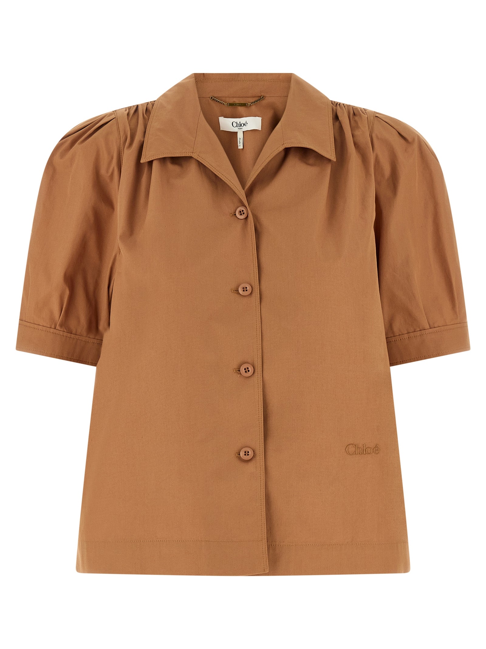 Logo Embroidery Shirt Brown Cotton Shirt, Blouse