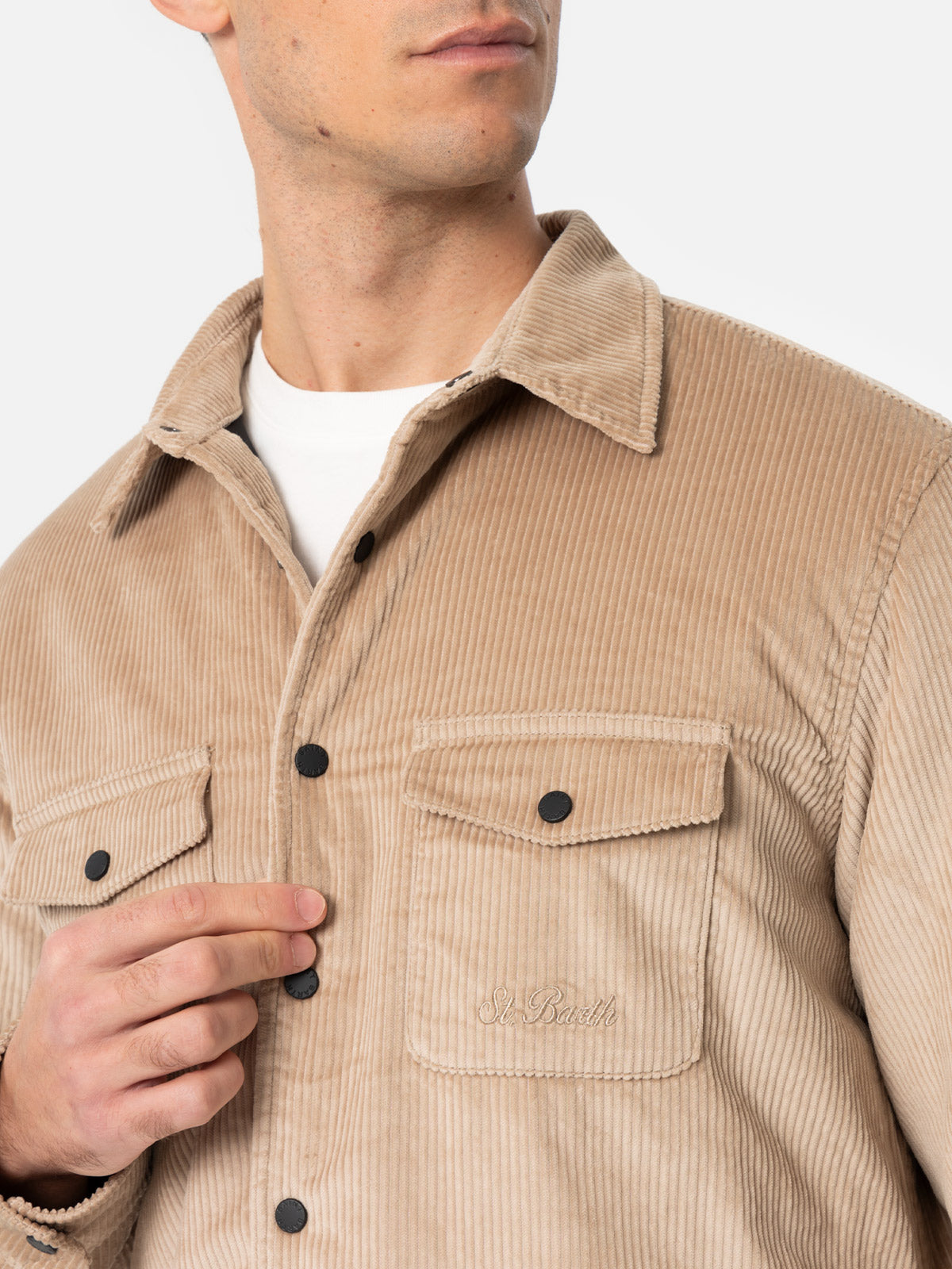 Man Beige Corduroy Overshirt Chalet With St. Barth Embroidery White Jacket