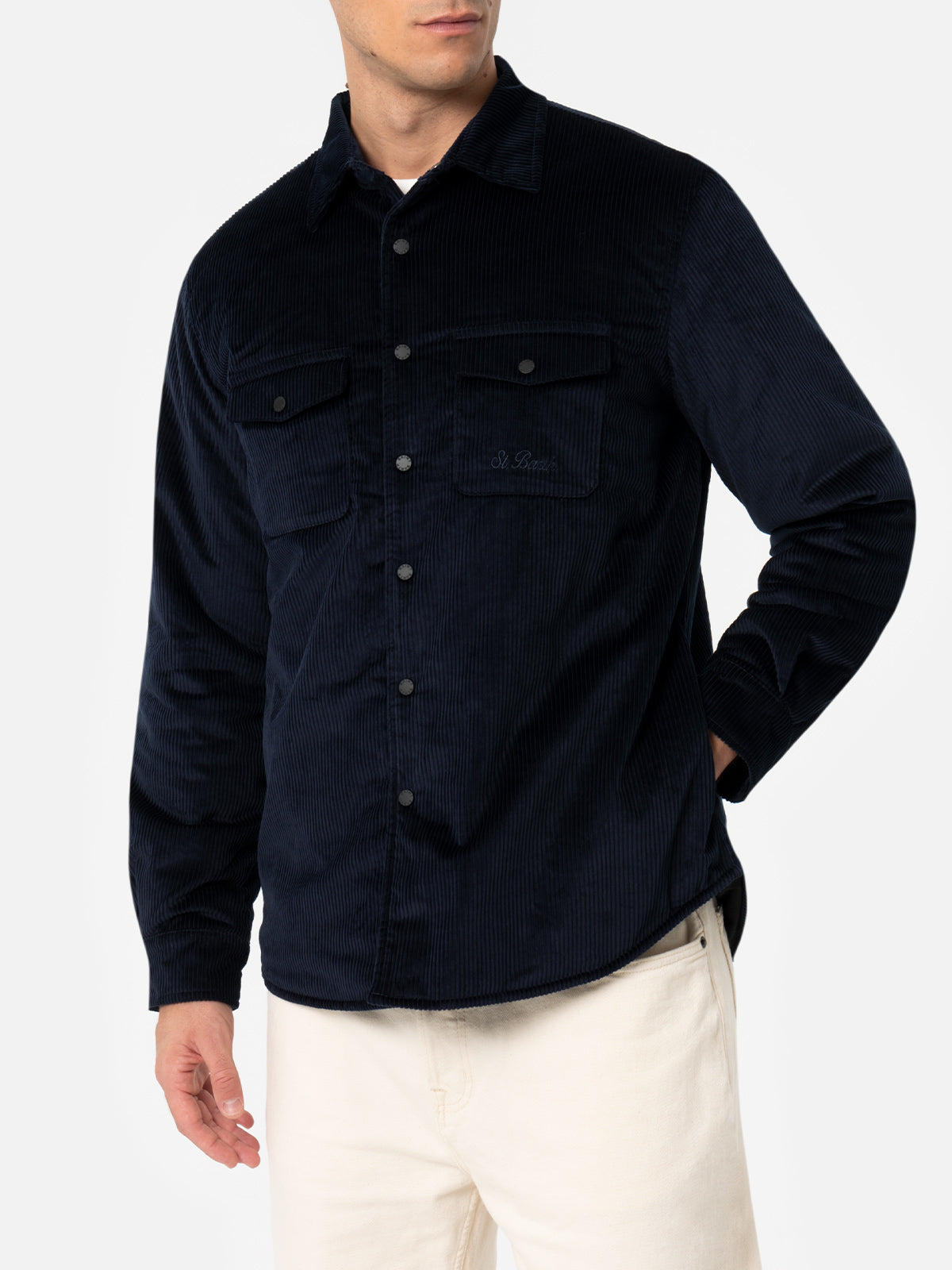 Man Navy Blue Corduroy Overshirt Chalet With St. Barth Embroidery Jacket