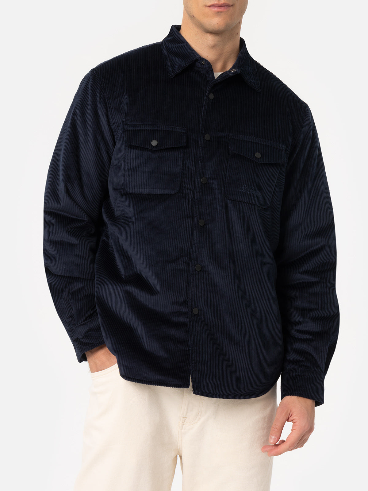Man Navy Blue Corduroy Overshirt Chalet With St. Barth Embroidery Jacket