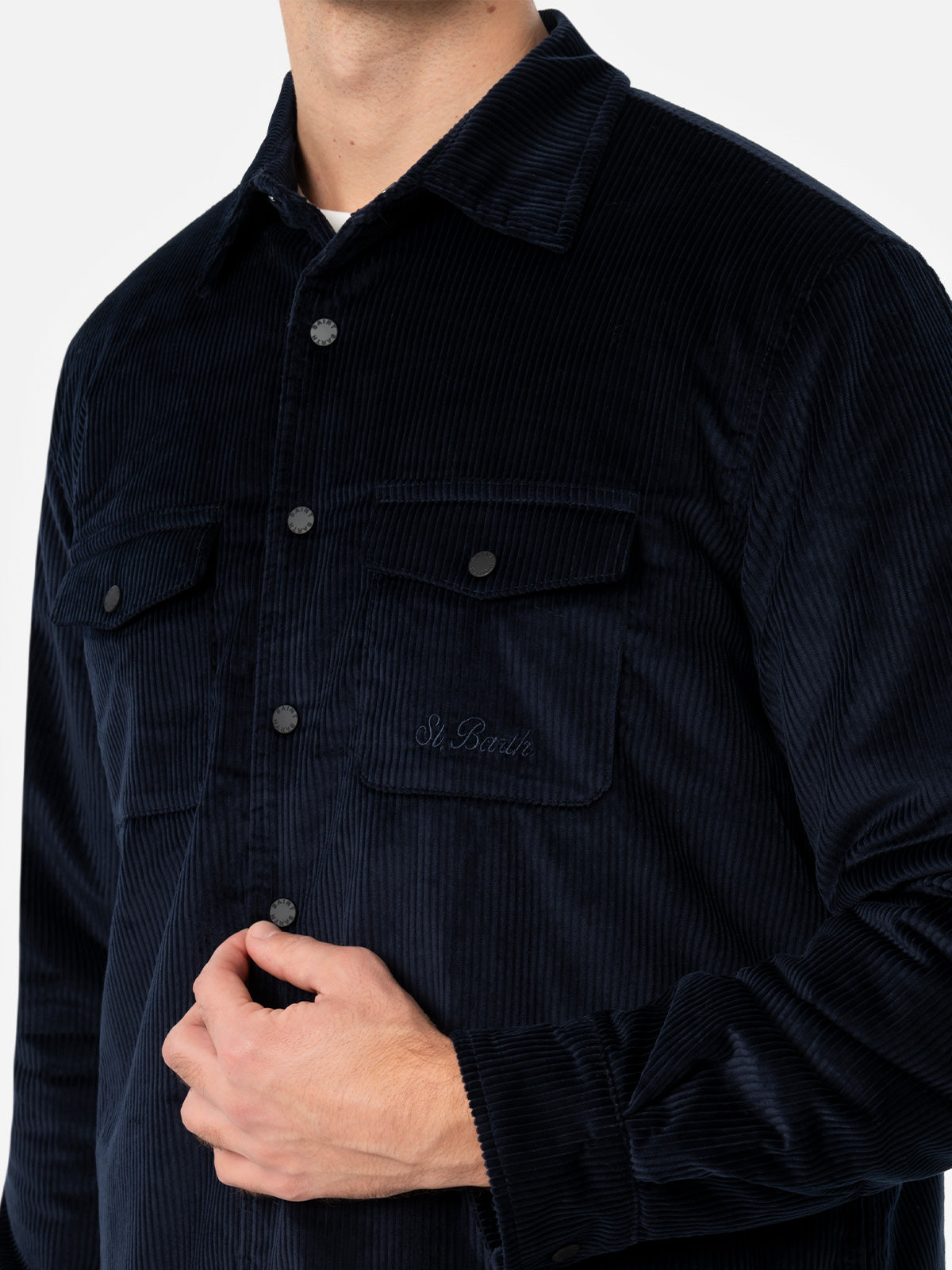 Man Navy Blue Corduroy Overshirt Chalet With St. Barth Embroidery Jacket