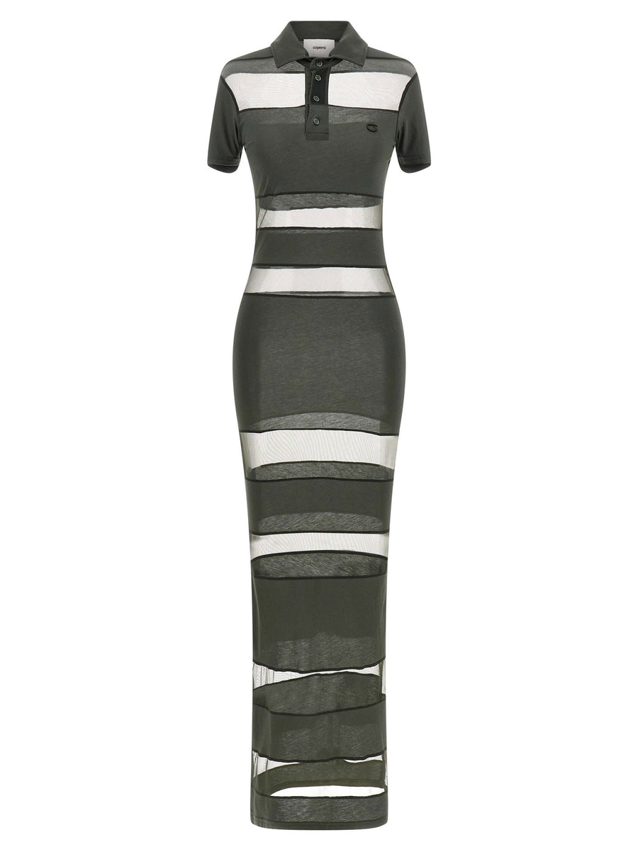 Coperni Striped Sheer Polo Dress — Olive Green