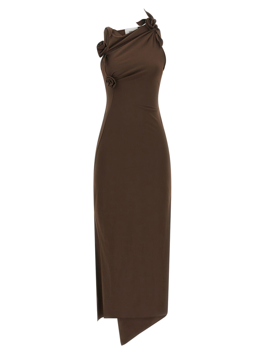 Coperni 3D Floral Appliqué Asymmetrical Dress — Brown