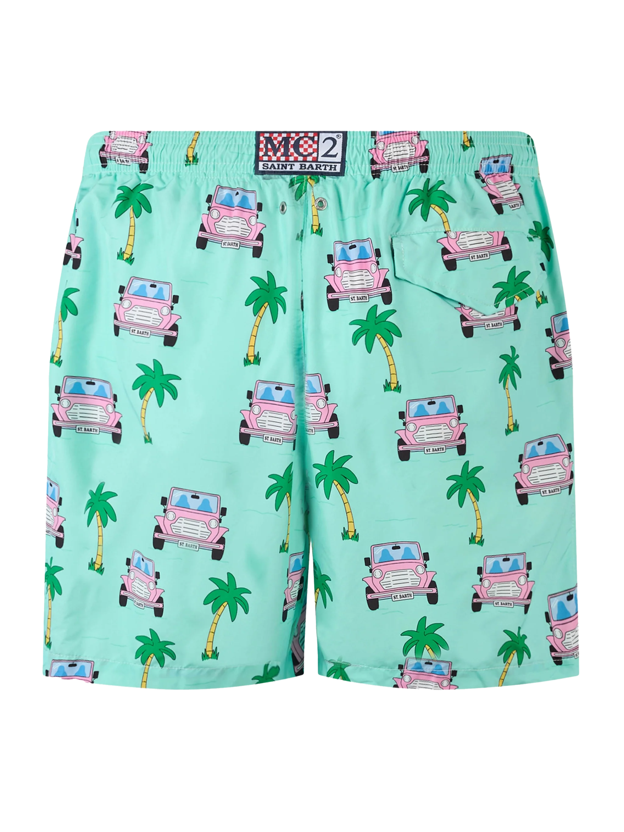 Man Lightweight Fabric Swim-Shorts Lighting With Off-Road Car Print Green Swimshort