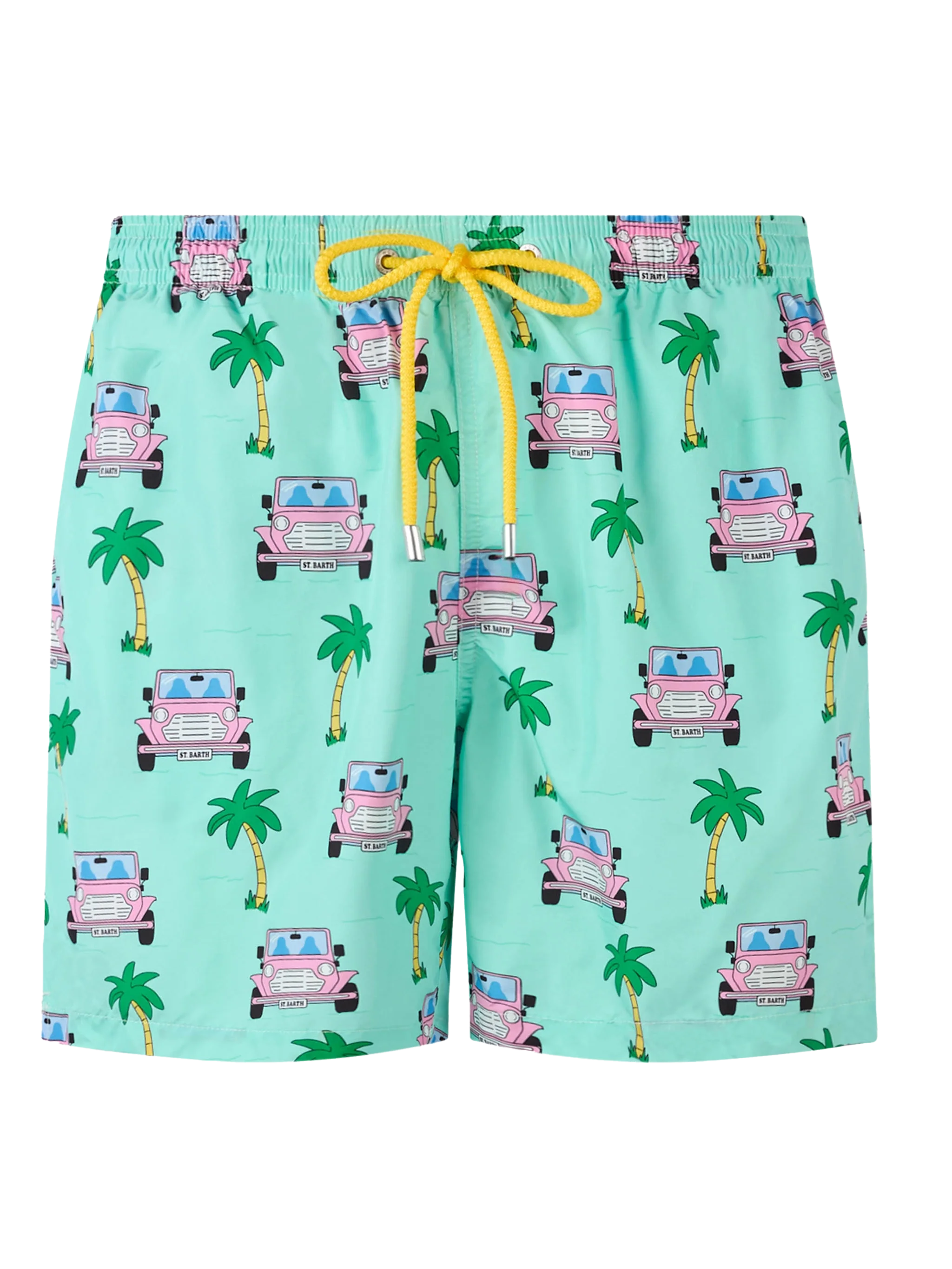 Man Lightweight Fabric Swim-Shorts Lighting With Off-Road Car Print Green Swimshort