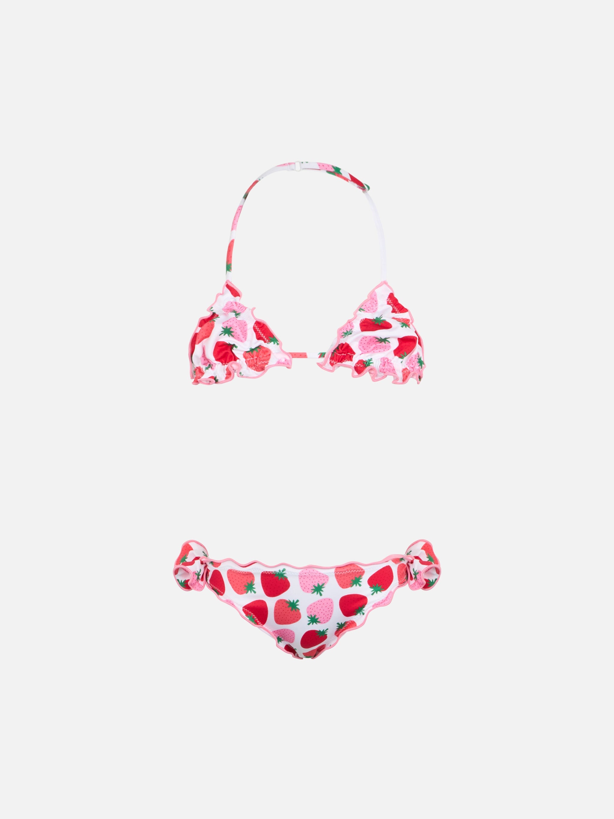Girl Classic Triangle Bikini Cris With Strawberry Print White