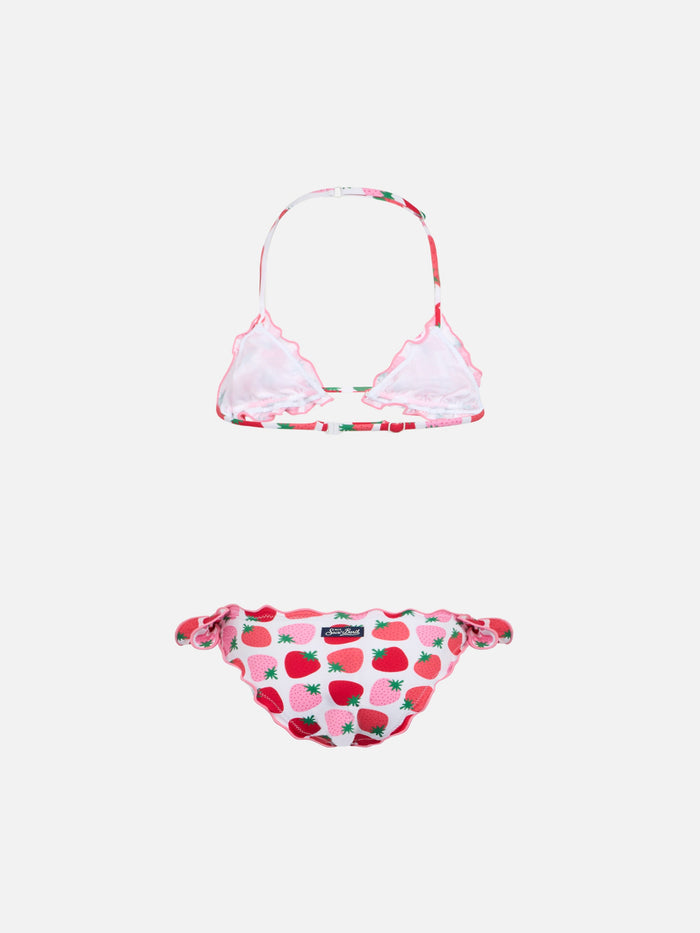 Girl Classic Triangle Bikini Cris With Strawberry Print White