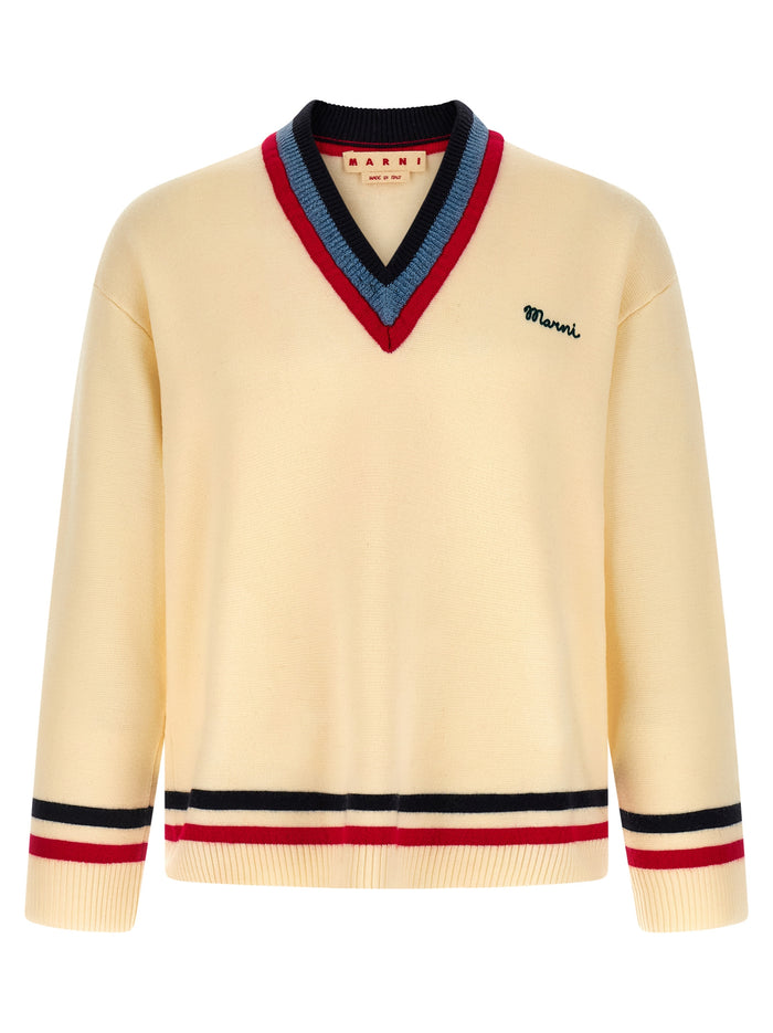 Logo embroidery sweater Beige Virgin Wool Sweater, Cardigans