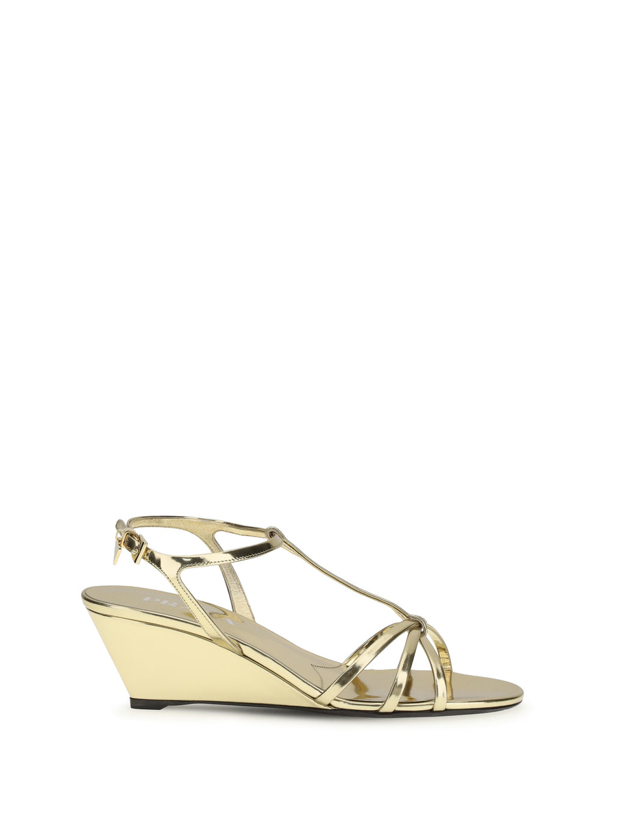 Prada Upper: 100% Calf Leather; Sole: 100% Rubber wedge sandal in gold