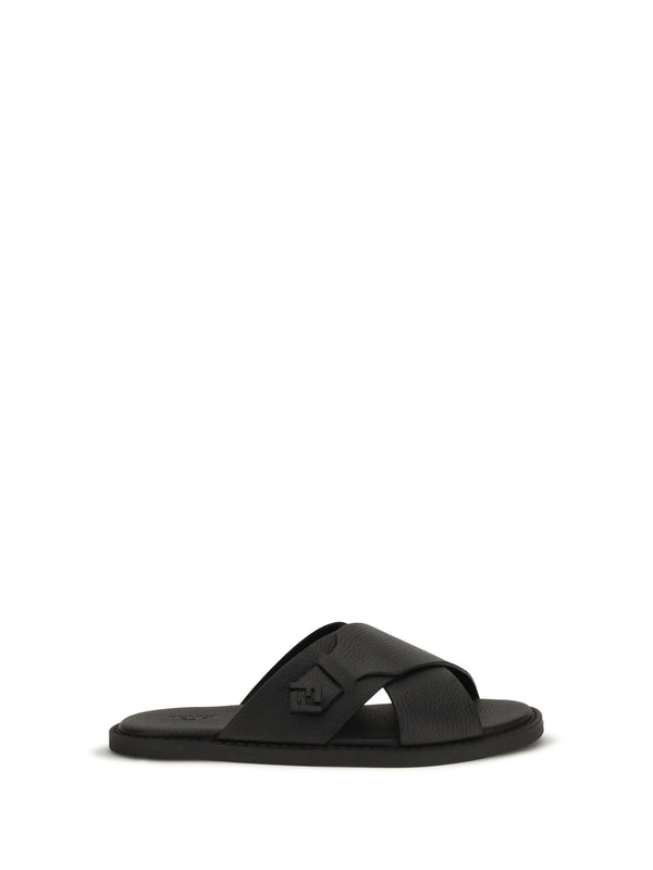Fendi Upper: 100% calf leather; Sole: 100% rubber slide sandals in black