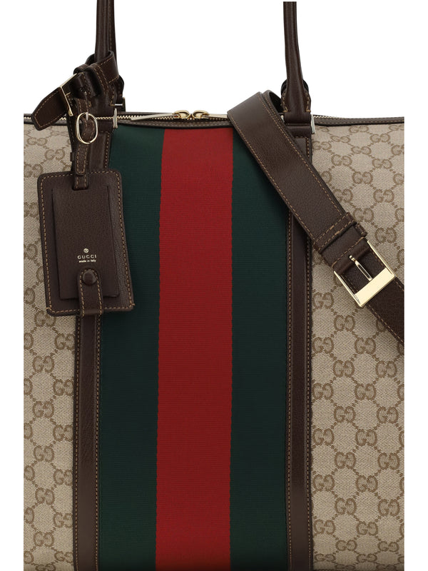 Travel Bag Gg Web Stripe Brown Fabric Shoulder