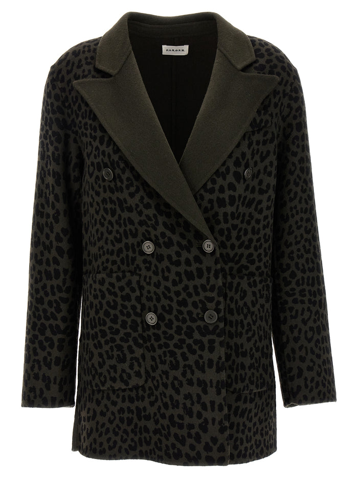 Animal print double-breasted blazer Green Wool Blazer, Suits
