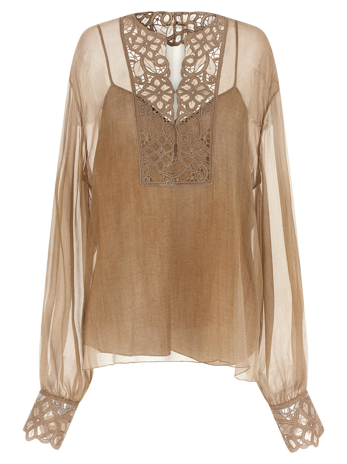 Floral Carving Blouse Beige Silk Shirt