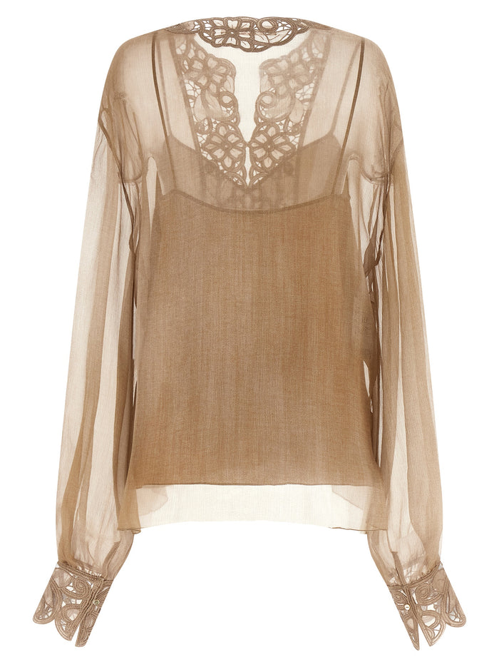 Floral Carving Blouse Beige Silk Shirt