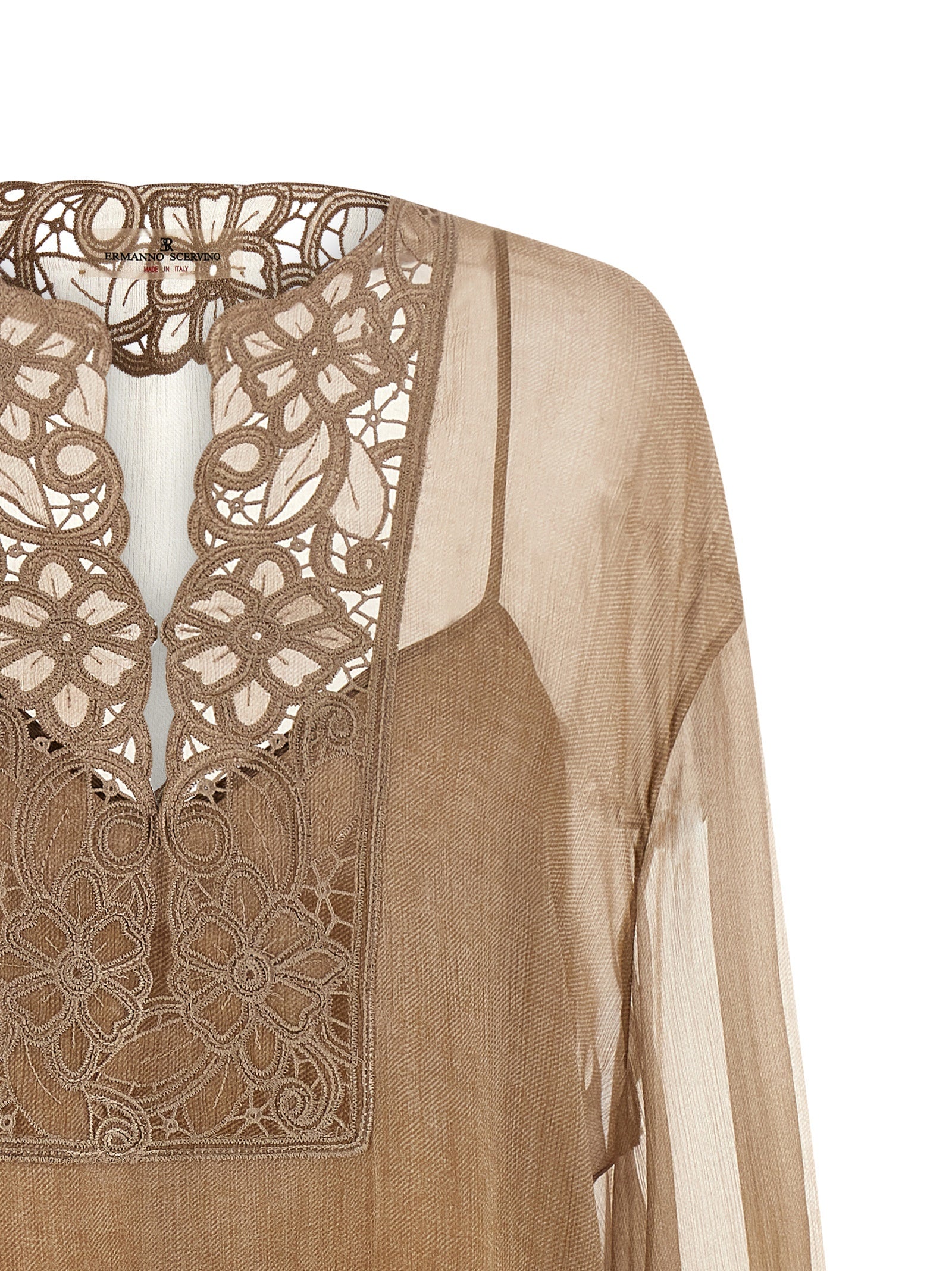Floral Carving Blouse Beige Silk Shirt